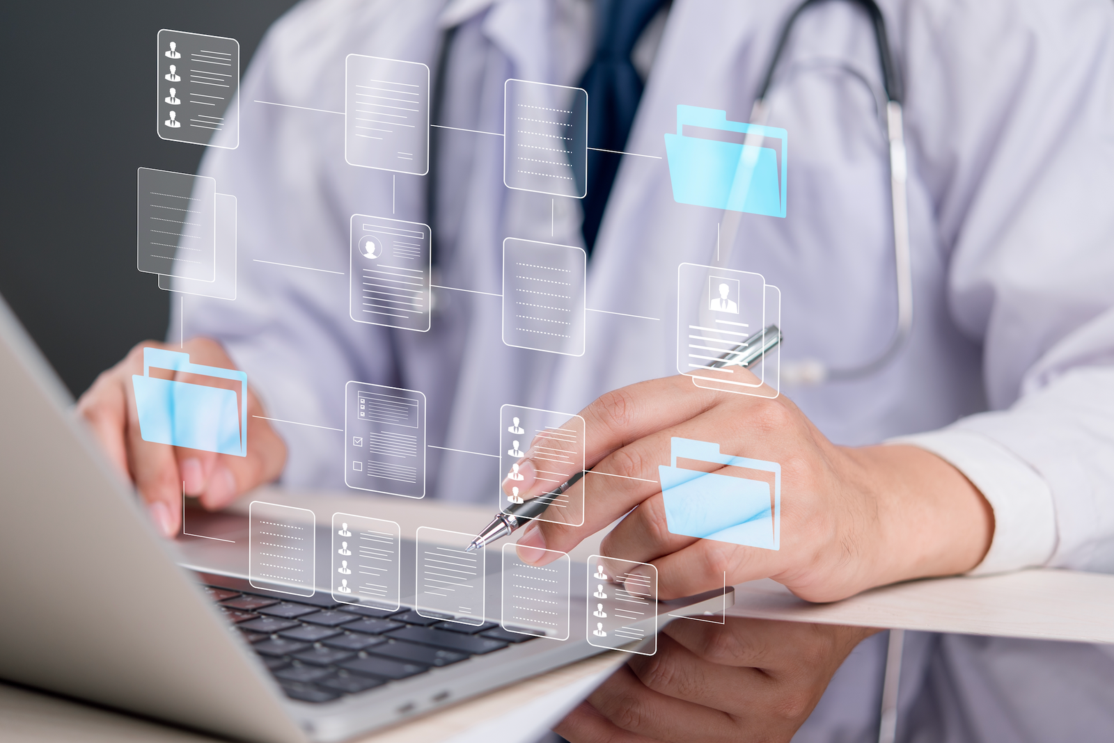 Healthcare provider using home healthcare scheduling software on a laptop to manage patient visits, nurse schedules, and real-time updates with House Call The App